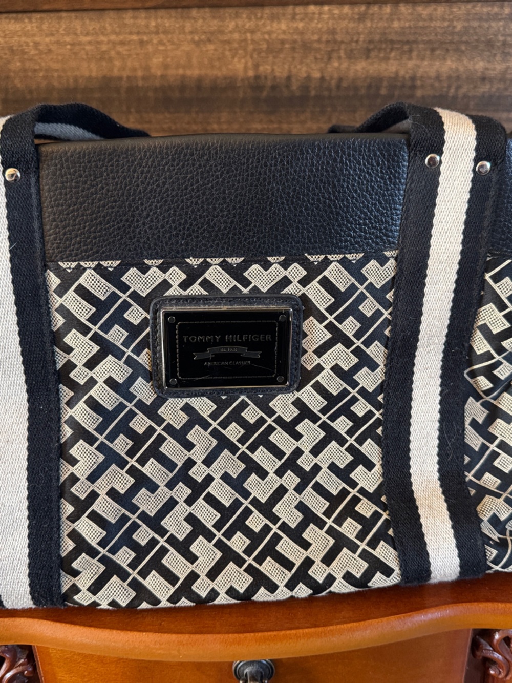 Tommy Hilfiger Black & White Patterned Shoulder Bag with Striped Strap